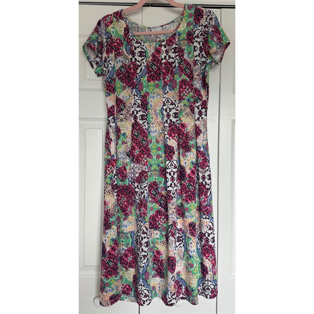 Kim Rogers Petite PM Pink Green Paisley Print Short Sleeve Midi Dress Stretch